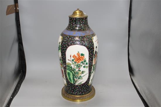 A Chinese enamelled porcelain vase, mounted as a table lamp, height overall 46cm, height of vase without mounts 40cm